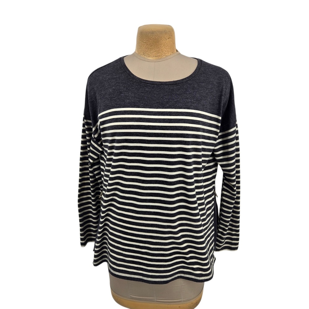 Ann Taylor Striped Side Zip Top Women XL Gray White Pleated Inset Casual Career